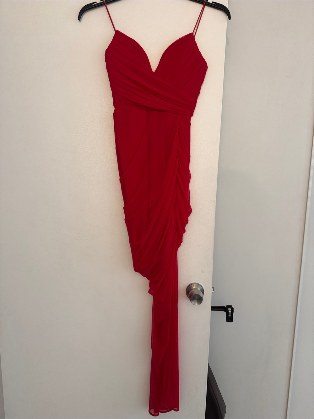 Nookie Red Asymmetrical Draped Spaghetti-Strap Dress